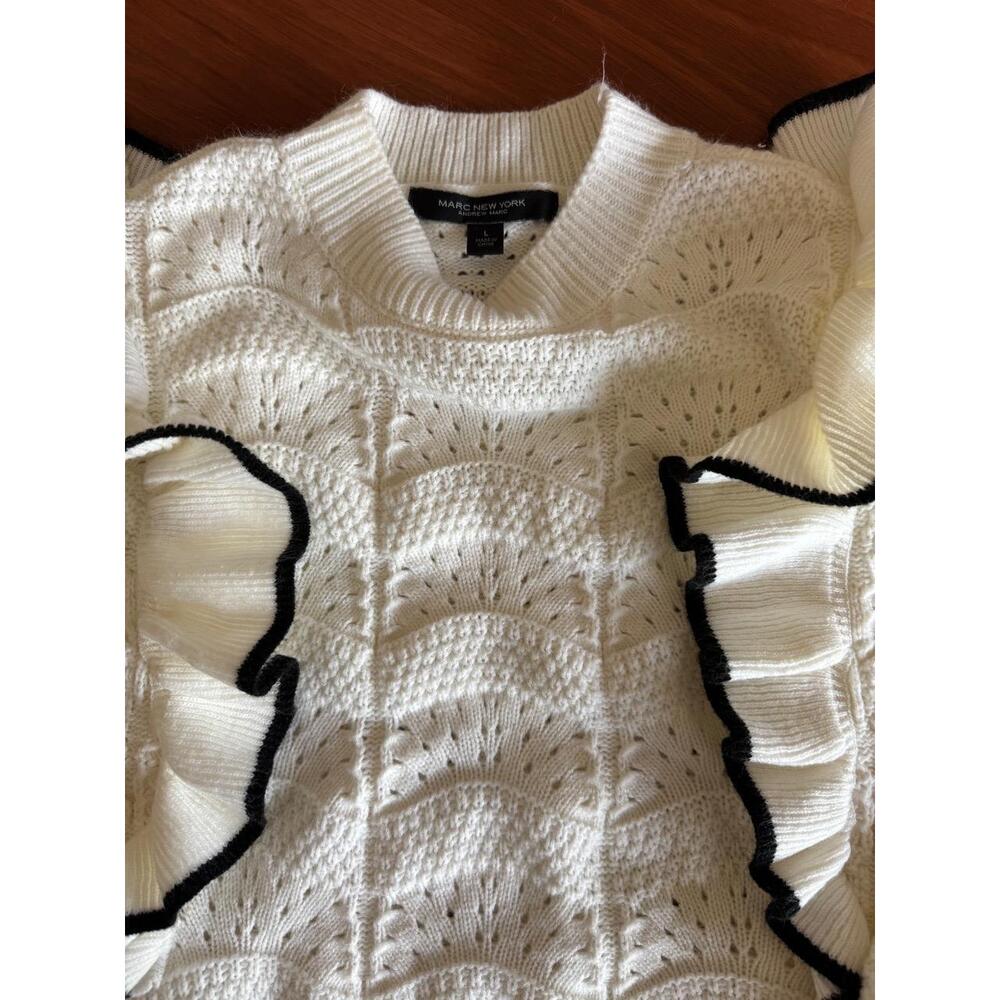 MARC NEW YORK Sweater Womens Size L White Black Mock Neck Ruffle Cable Knit Chic - Picture 4 of 4